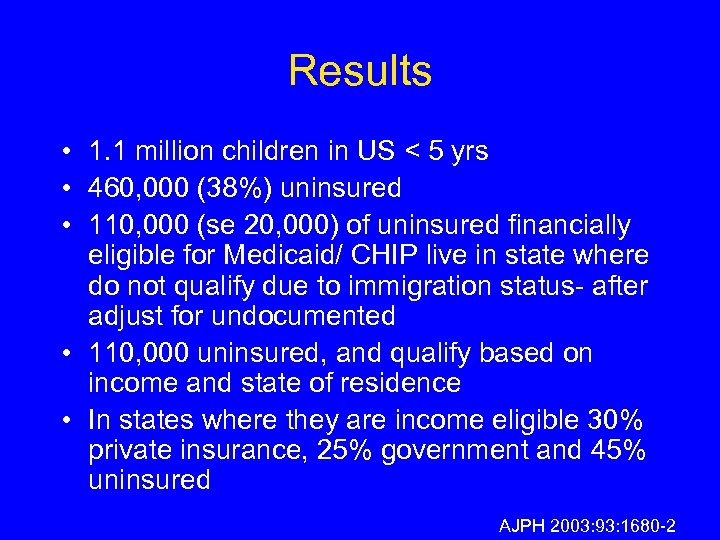 Results • 1. 1 million children in US < 5 yrs • 460, 000