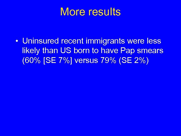 More results • Uninsured recent immigrants were less likely than US born to have