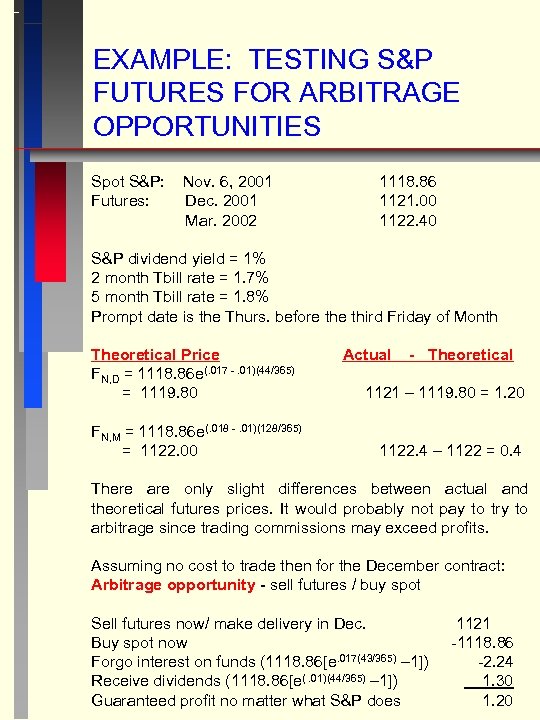 EXAMPLE: TESTING S&P FUTURES FOR ARBITRAGE OPPORTUNITIES Spot S&P: Futures: Nov. 6, 2001 Dec.