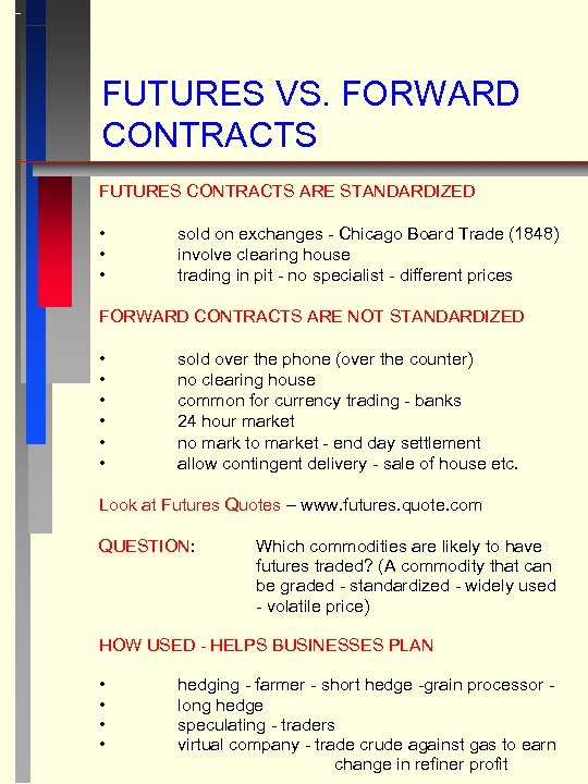 FUTURES VS. FORWARD CONTRACTS FUTURES CONTRACTS ARE STANDARDIZED • • • sold on exchanges