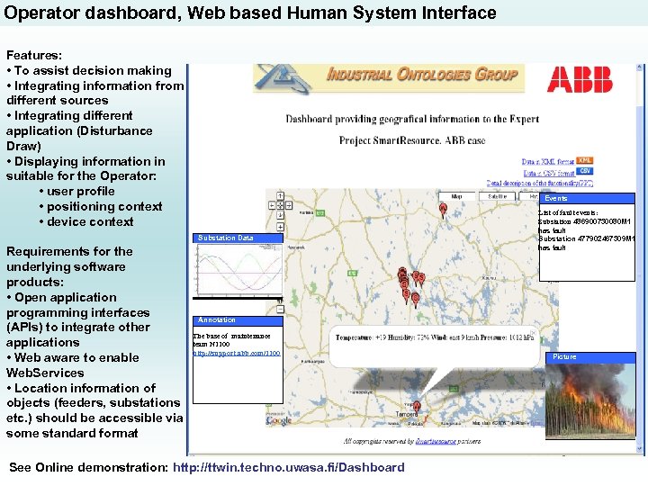 Operator dashboard, Web based Human System Interface Features: • To assist decision making •