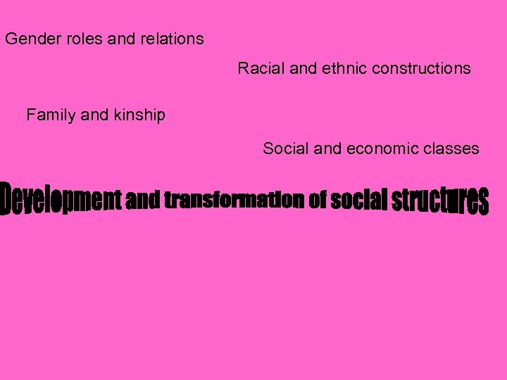 Gender roles and relations Racial and ethnic constructions Family and kinship Social and economic