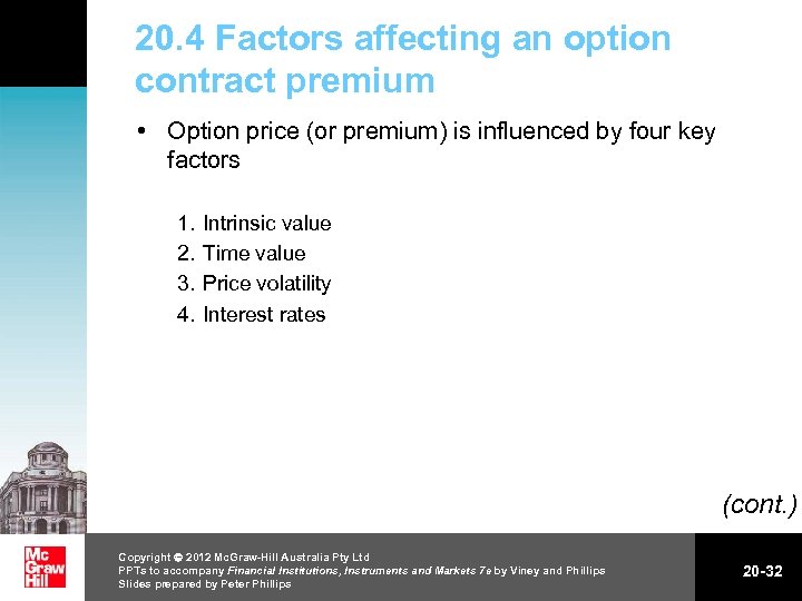 20. 4 Factors affecting an option contract premium • Option price (or premium) is