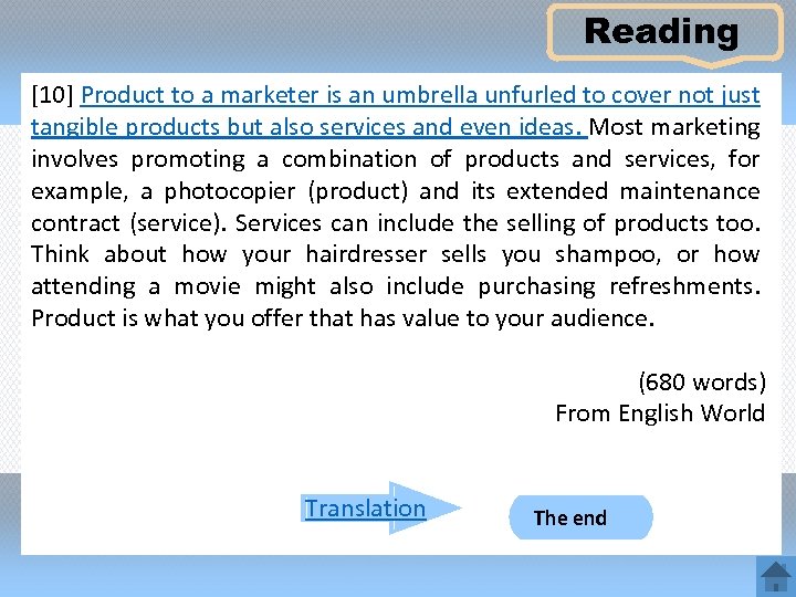 Reading [10] Product to a marketer is an umbrella unfurled to cover not just