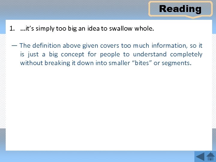 Reading 1. . it’s simply too big an idea to swallow whole. — The
