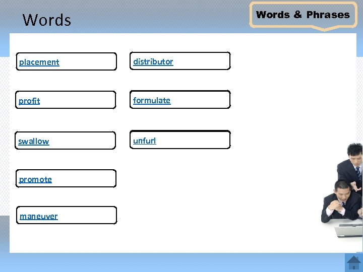 Words & Phrases Words placement distributor profit promote formulate swallow maneuver unfurl promote maneuver