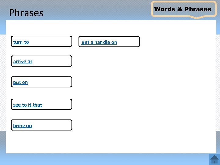 Words & Phrases turn to arrive at put on see to it that bring