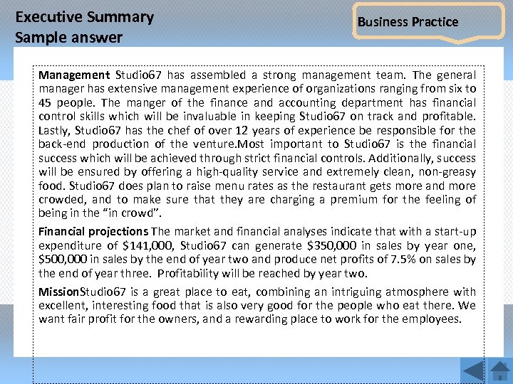 Executive Summary Sample answer Business Practice Management Studio 67 has assembled a strong management