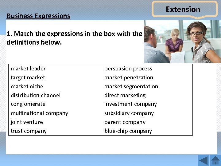 Extension Business Expressions 1. Match the expressions in the box with the definitions below.