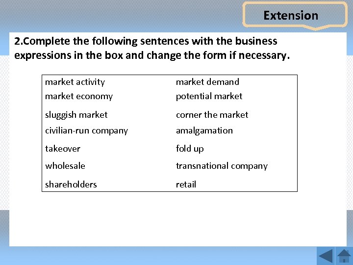 Extension 2. Complete the following sentences with the business expressions in the box and