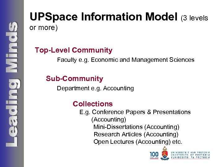 UPSpace Information Model (3 levels or more) Top-Level Community Faculty e. g. Economic and