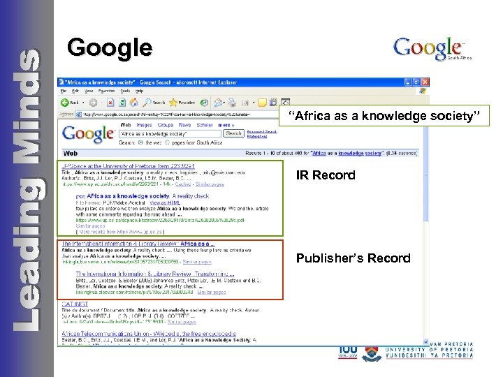 Google “Africa as a knowledge society” IR Record Publisher’s Record 