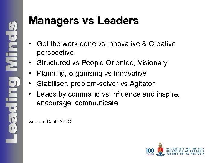 Managers vs Leaders • Get the work done vs Innovative & Creative perspective •