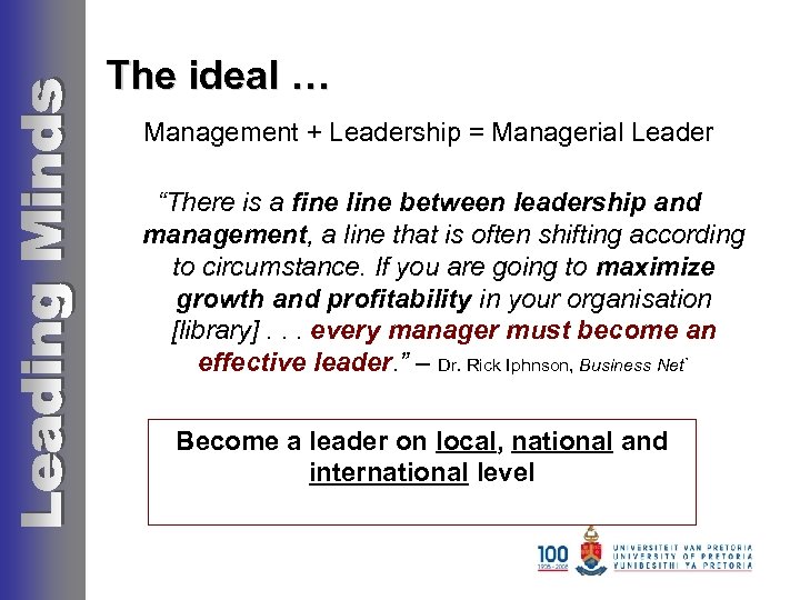 The ideal … Management + Leadership = Managerial Leader “There is a fine line