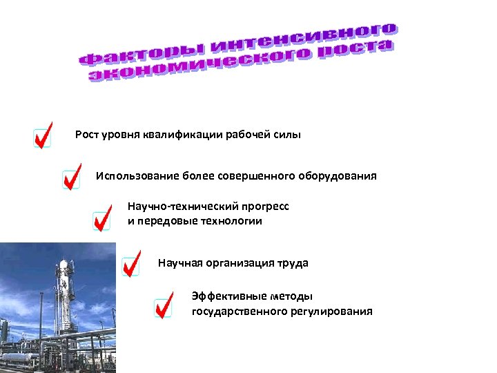 Рост уровня квалификации рабочей силы Использование более совершенного оборудования Научно-технический прогресс и передовые технологии