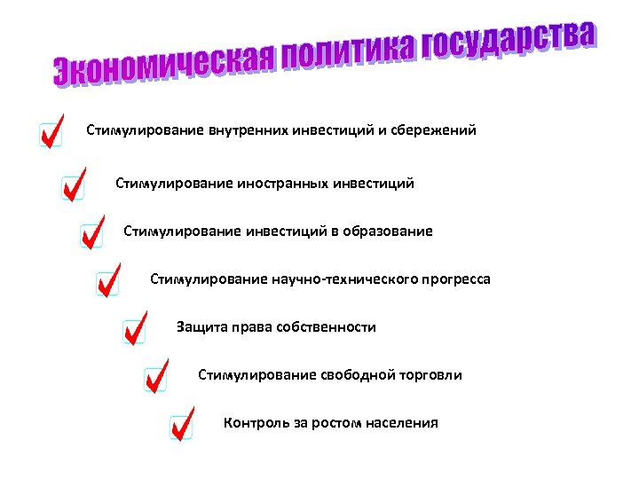 Стимулирование внутренних инвестиций и сбережений Стимулирование иностранных инвестиций Стимулирование инвестиций в образование Стимулирование научно-технического