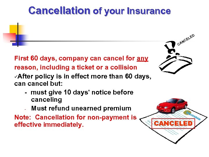 Cancellation of your Insurance D N CA LE CE First 60 days, company cancel