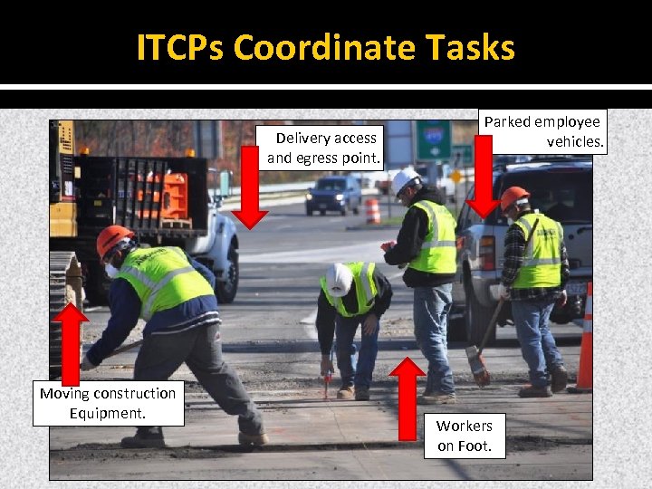 ITCPs Coordinate Tasks Delivery access and egress point. Moving construction Equipment. Parked employee vehicles.