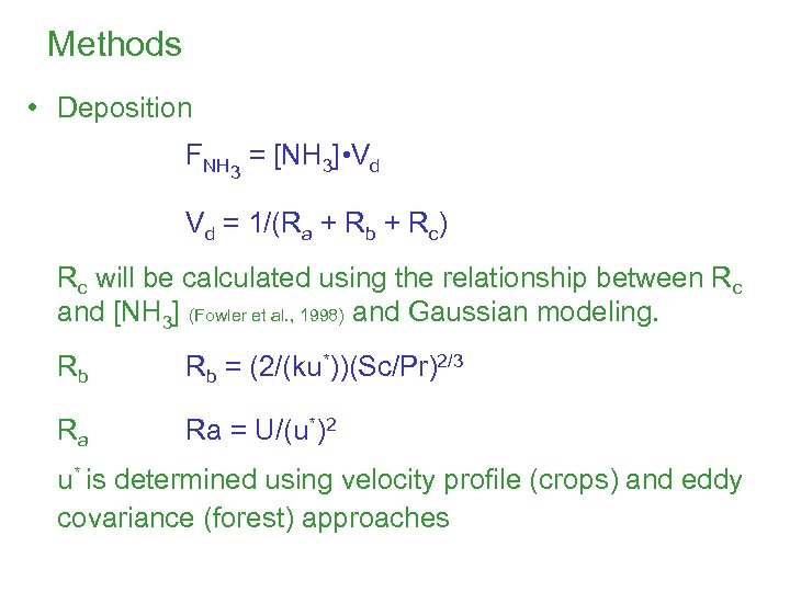 Methods • Deposition FNH 3 = [NH 3] • Vd Vd = 1/(Ra +