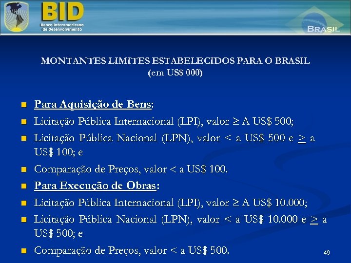 MONTANTES LIMITES ESTABELECIDOS PARA O BRASIL (em US$ 000) n n n n Para