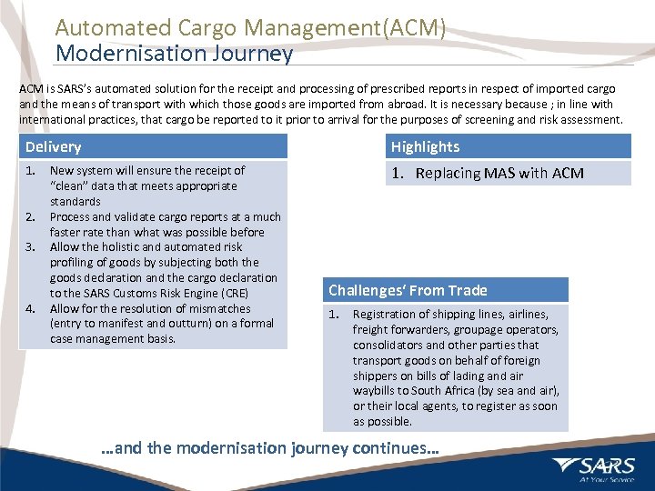 Automated Cargo Management(ACM) Modernisation Journey ACM is SARS’s automated solution for the receipt and