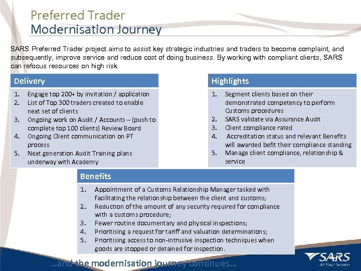 Preferred Trader Modernisation Journey SARS Preferred Trader project aims to assist key strategic industries