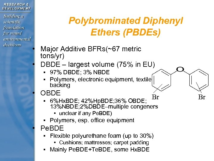 Polybrominated Diphenyl Ethers (PBDEs) • Major Additive BFRs(~67 metric tons/yr) • DBDE – largest