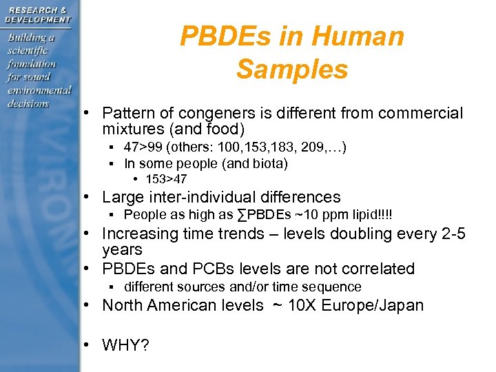 PBDEs in Human Samples • Pattern of congeners is different from commercial mixtures (and