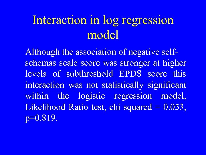Interaction in log regression model Although the association of negative selfschemas scale score was