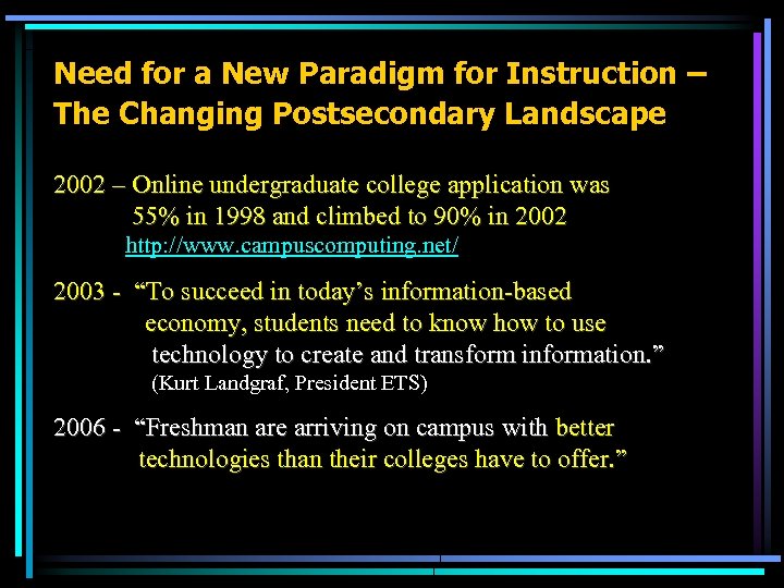 Need for a New Paradigm for Instruction – The Changing Postsecondary Landscape 2002 –