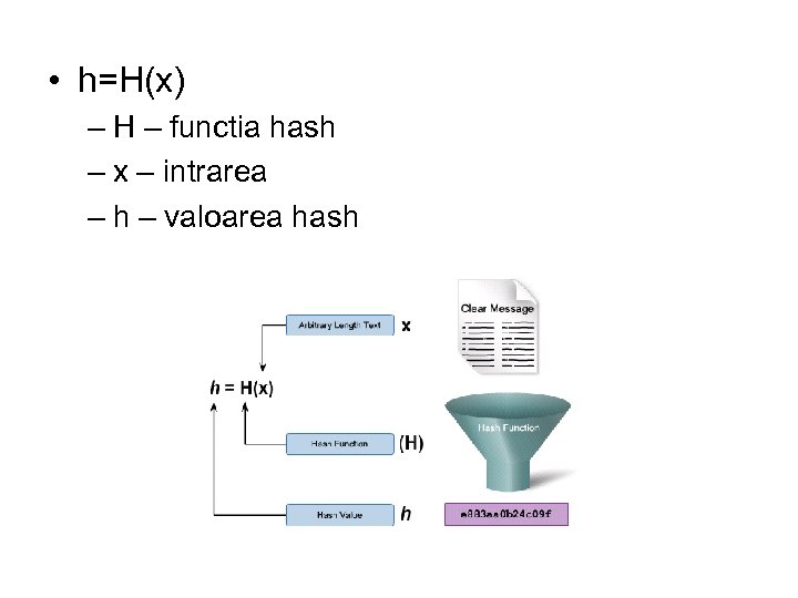  • h=H(x) – H – functia hash – x – intrarea – h