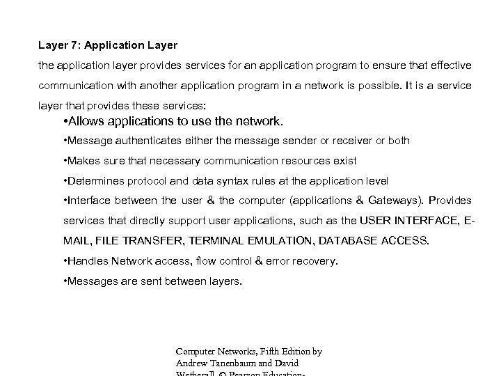 Layer 7: Application Layer the application layer provides services for an application program to