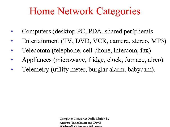 Home Network Categories • • • Computers (desktop PC, PDA, shared peripherals Entertainment (TV,