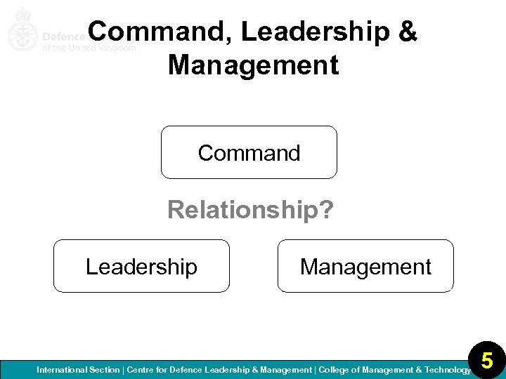 Command, Leadership & Management Command Relationship? Leadership Management International Section | Centre for Defence