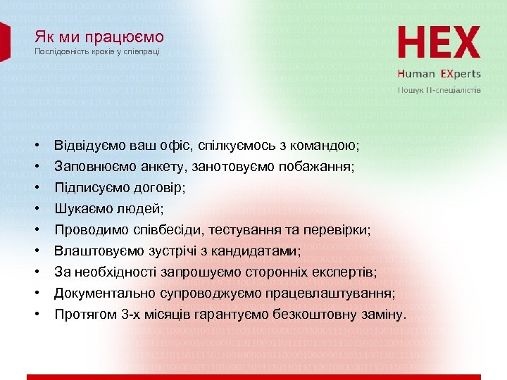 Як ми працюємо Послідовність кроків у співпраці • • • Відвідуємо ваш офіс, спілкуємось