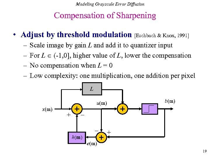 Modeling Grayscale Error Diffusion Compensation of Sharpening • Adjust by threshold modulation [Eschbach &