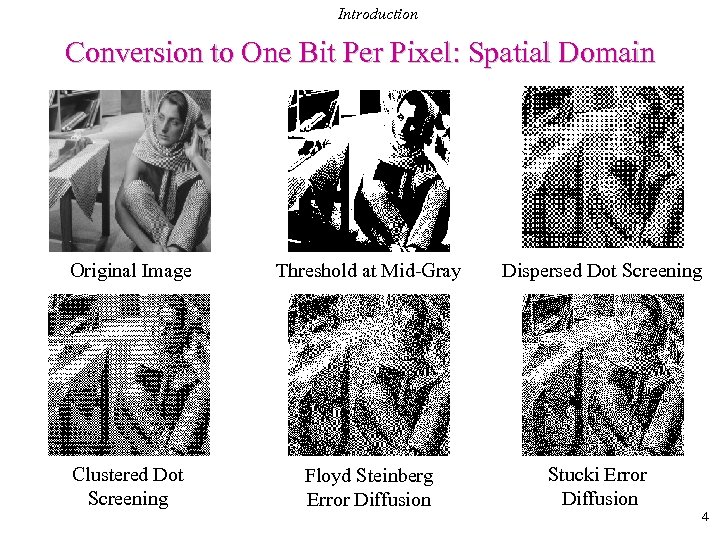 Introduction Conversion to One Bit Per Pixel: Spatial Domain Original Image Threshold at Mid-Gray