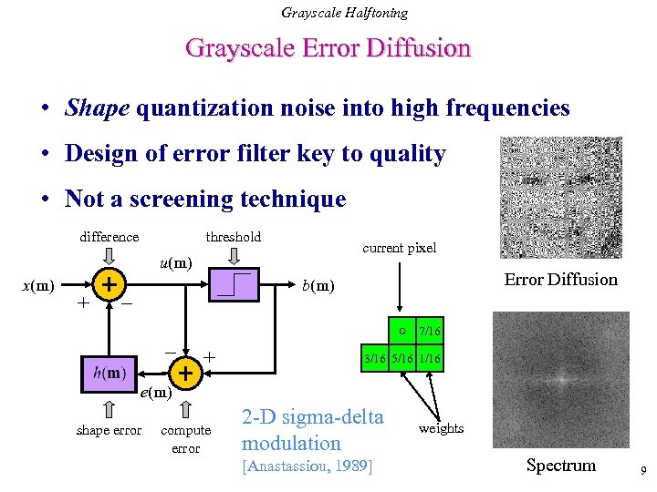 Grayscale Halftoning Grayscale Error Diffusion • Shape quantization noise into high frequencies • Design