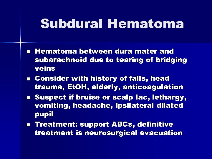 Subdural Hematoma n n Hematoma between dura mater and subarachnoid due to tearing of