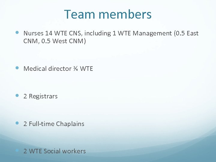 Team members Nurses 14 WTE CNS, including 1 WTE Management (0. 5 East CNM,