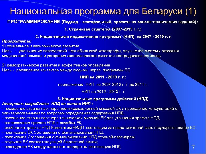 Национальная программа для Беларуси (1) ПРОГРАММИРОВАНИЕ (Подход – секторальный, проекты на основе технических заданий)