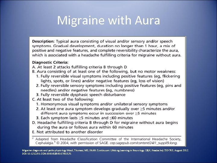 Migraine with Aura Migraine diagnosis and pathophysiology Ward, Thomas; MD, FAAN. Continuum: Lifelong Learning
