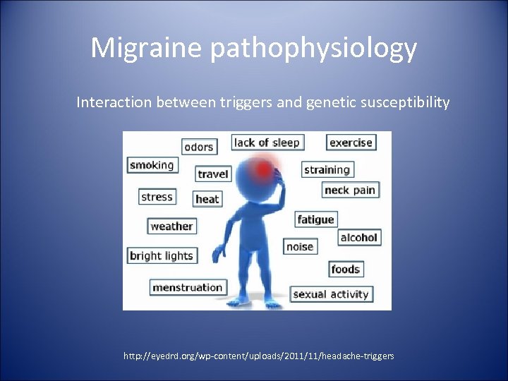 Migraine pathophysiology Interaction between triggers and genetic susceptibility http: //eyedrd. org/wp-content/uploads/2011/11/headache-triggers 