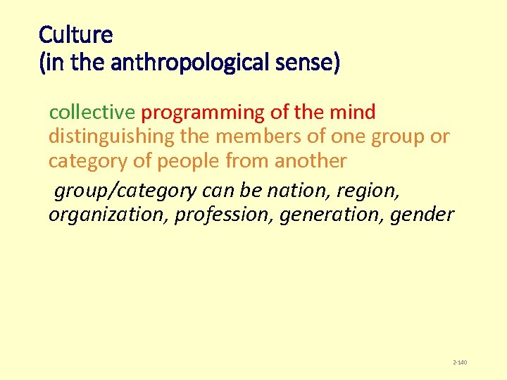 Culture (in the anthropological sense) collective programming of the mind distinguishing the members of