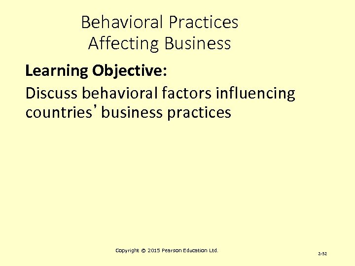 Behavioral Practices Affecting Business Learning Objective: Discuss behavioral factors influencing countries’ business practices Copyright