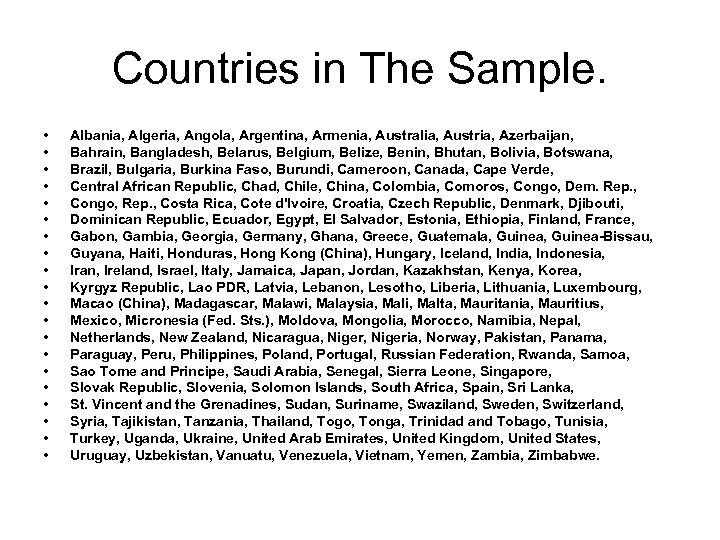 Countries in The Sample. • • • • • Albania, Algeria, Angola, Argentina, Armenia,