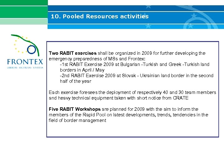 10. Pooled Resources activities Two RABIT exercises shall be organized in 2009 for further