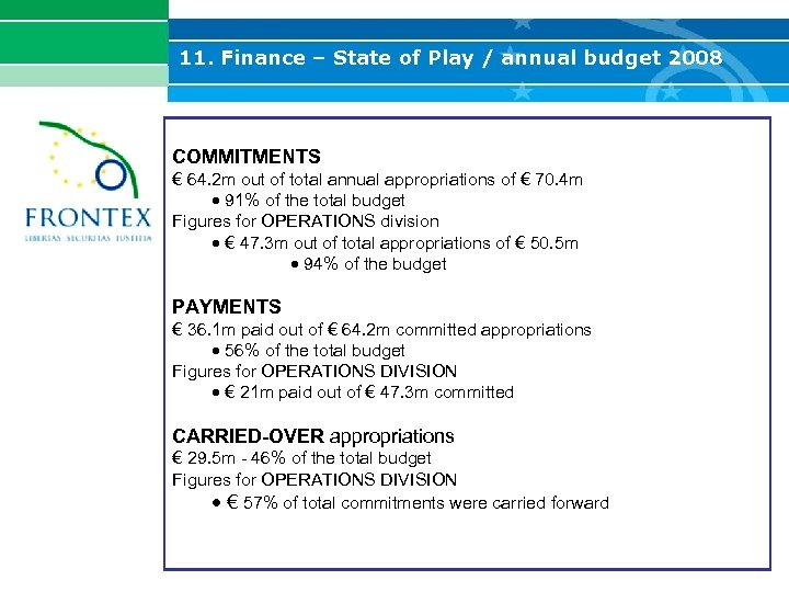 11. Finance – State of Play / annual budget 2008 COMMITMENTS € 64. 2