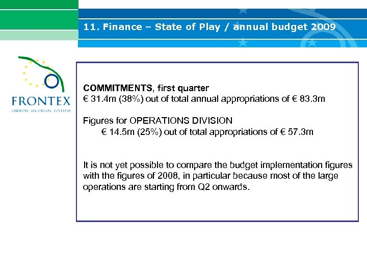 11. Finance – State of Play / annual budget 2009 COMMITMENTS, first quarter €