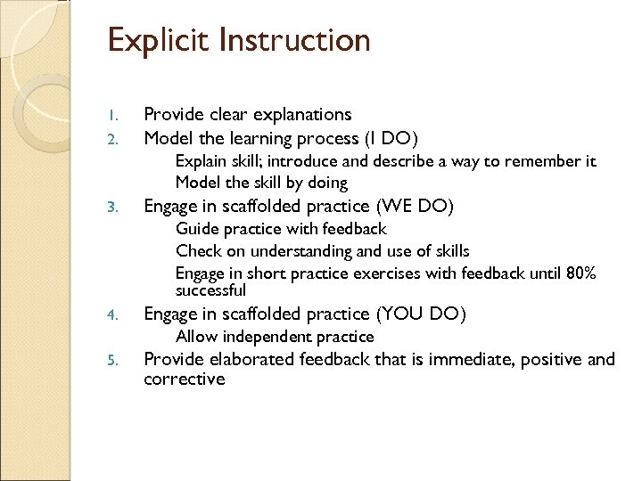 Explicit Instruction 1. 2. Provide clear explanations Model the learning process (I DO) Explain